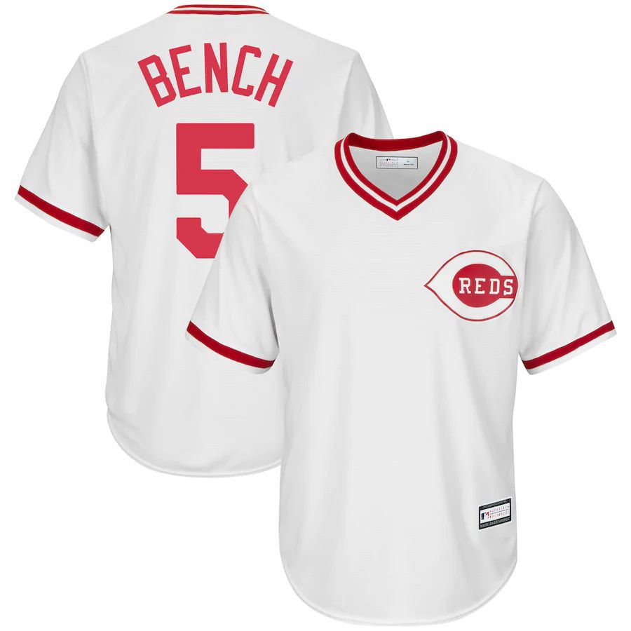 Mens Cincinnati Reds #5 Johnny Bench White Home Cooperstown Collection Replica Player MLB Jerseys
